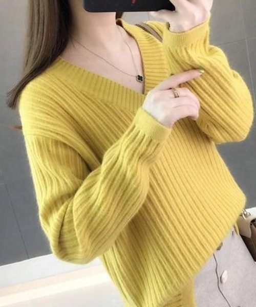 ACT（アクト）の「モヘアタッチ Vネック リブニット（ニット/セーター・レディース・ベージュ/グリーン/イエロー/ピンク/アイボリー・FREE）」の15枚目の写真