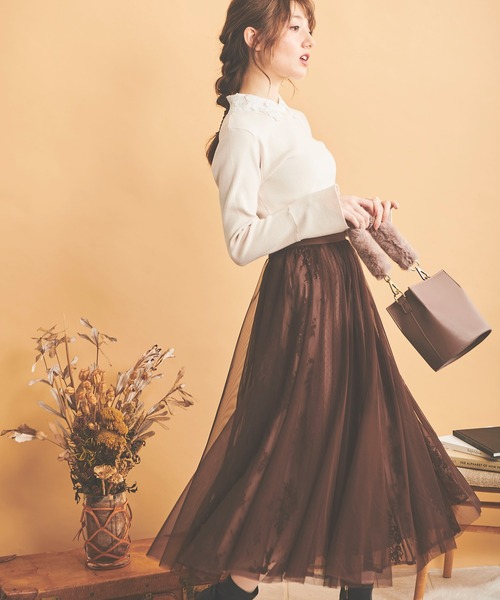 NOELA(ノエラ)の「レース×チュールスカート(スカート・レディース・ブラック/ブラウン/オフホワイト・フリー)」の3枚目の写真