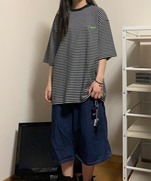 セール】【Snap club】ワンポイント刺繍 リンガーボーダーT