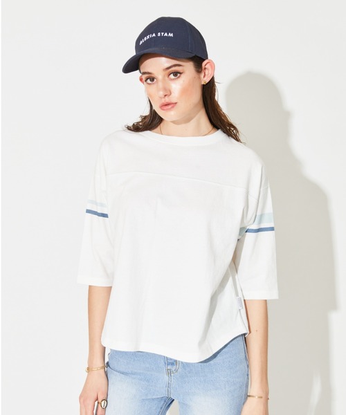 ALEXIA STAM（アリシアスタン）の「Color Line Football Tee/カラーラインフットボールティー（Tシャツ/カットソー・レディース・ネイビー/ブラウン・FREE）」の2枚目の写真