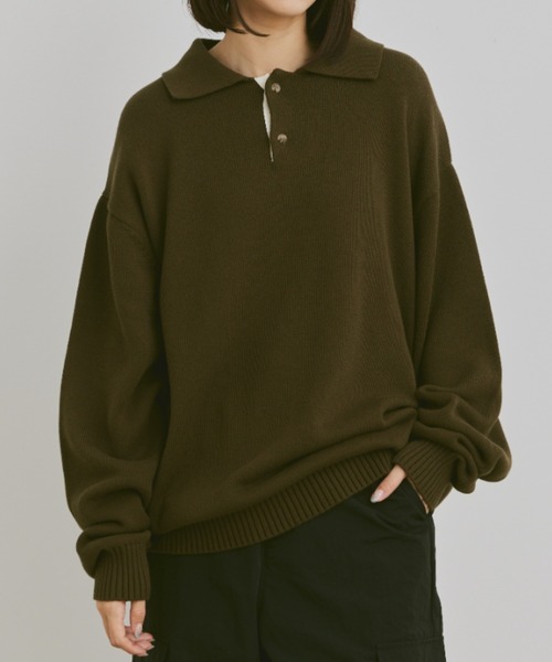 flaner（フラネ）の「Loose knit polo / ルーズニットポロ（ポロシャツ・レディース・マスタード/ネイビー/グリーン/チャコールグレー/カーキ・MEDIUM/LARGE）」の2枚目の写真