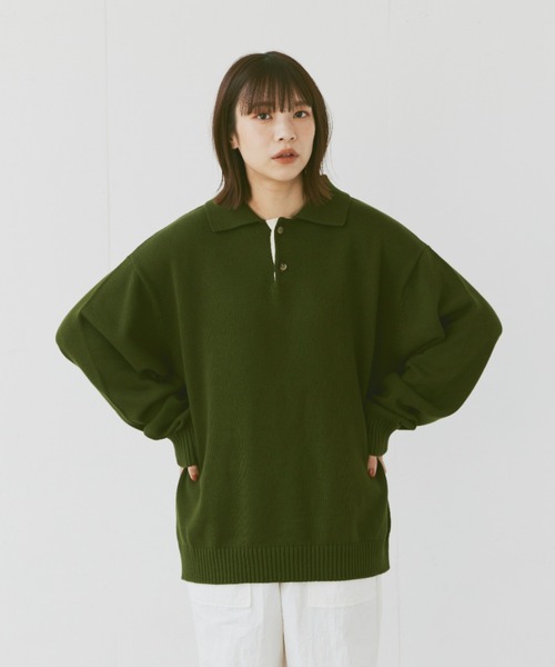 flaner（フラネ）の「Loose knit polo / ルーズニットポロ（ポロシャツ・レディース・マスタード/ネイビー/グリーン/チャコールグレー/カーキ・MEDIUM/LARGE）」の8枚目の写真