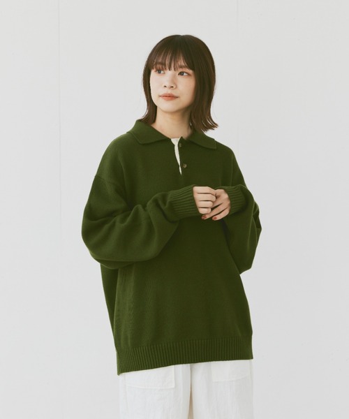 flaner（フラネ）の「Loose knit polo / ルーズニットポロ（ポロシャツ・レディース・マスタード/ネイビー/グリーン/チャコールグレー/カーキ・MEDIUM/LARGE）」の7枚目の写真