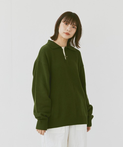 flaner（フラネ）の「Loose knit polo / ルーズニットポロ（ポロシャツ・レディース・マスタード/ネイビー/グリーン/チャコールグレー/カーキ・MEDIUM/LARGE）」の9枚目の写真