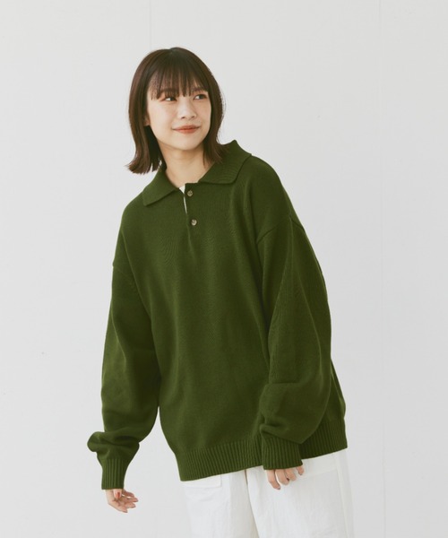 flaner（フラネ）の「Loose knit polo / ルーズニットポロ（ポロシャツ・レディース・マスタード/ネイビー/グリーン/チャコールグレー/カーキ・MEDIUM/LARGE）」の10枚目の写真