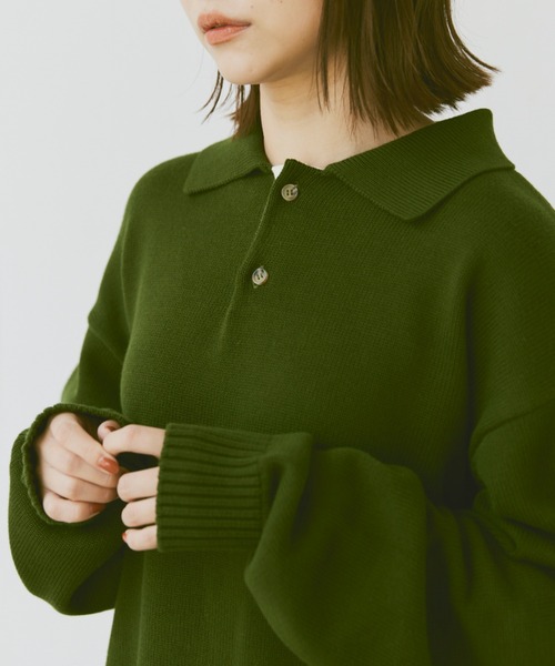 flaner（フラネ）の「Loose knit polo / ルーズニットポロ（ポロシャツ・レディース・マスタード/ネイビー/グリーン/チャコールグレー/カーキ・MEDIUM/LARGE）」の19枚目の写真