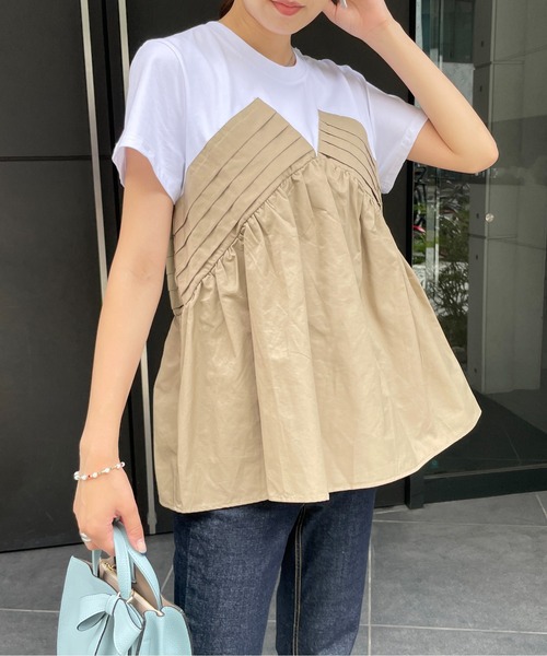 StyleSea（スタイルシー）の「フロントタックドッキングTシャツ（Tシャツ/カットソー・レディース・ベージュ/グリーン・FREE）」の2枚目の写真