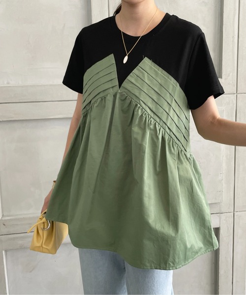 StyleSea（スタイルシー）の「フロントタックドッキングTシャツ（Tシャツ/カットソー・レディース・ベージュ/グリーン・FREE）」の4枚目の写真