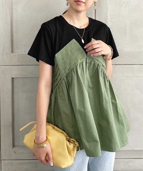 StyleSea（スタイルシー）の「フロントタックドッキングTシャツ（Tシャツ/カットソー・レディース・ベージュ/グリーン・FREE）」の5枚目の写真