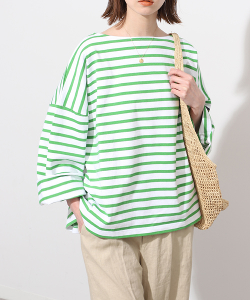 SLOBE IENA（スローブイエナ）の「【LE MINOR/ルミノア】SLOBE別注 ビッグボーダーカットソー（Tシャツ/カットソー・レディース・グリーン/イエロー・FREE）」の8枚目の写真