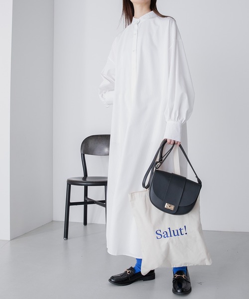 BONLECILL（ボンルシール）の「ボリュームスリーブ バンドカラーマルチストライプロングシャツワンピース（シャツワンピース・レディース・ネイビー/オレンジ/ブラック/オフホワイト/ネイビー系1/ブラック系1・FREE）」の8枚目の写真