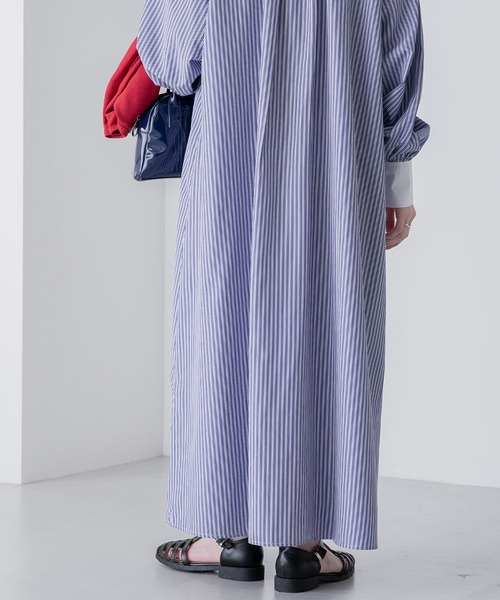 BONLECILL（ボンルシール）の「ボリュームスリーブ バンドカラーマルチストライプロングシャツワンピース（シャツワンピース・レディース・ネイビー/オレンジ/ブラック/オフホワイト/ネイビー系1/ブラック系1・FREE）」の19枚目の写真