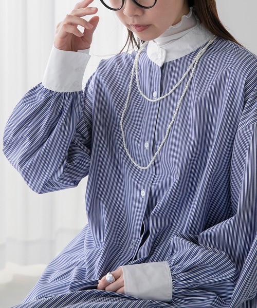 BONLECILL（ボンルシール）の「ボリュームスリーブ バンドカラーマルチストライプロングシャツワンピース（シャツワンピース・レディース・ネイビー/オレンジ/ブラック/オフホワイト/ネイビー系1/ブラック系1・FREE）」の20枚目の写真