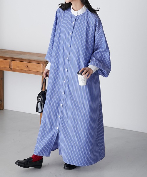 ボリュームスリーブ バンドカラーマルチストライプロングシャツ