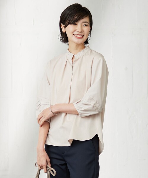 J.PRESS Ladies(J.プレス レディス)の「コンビジャージー フリルネック カットソー(Tシャツ/カットソー・レディース・ホワイト系/ピンク系/サックスブルー系・SMALL)」の3枚目の写真