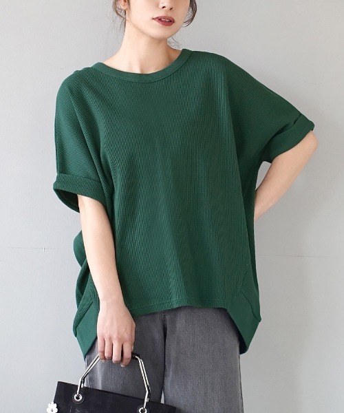 zootie(ズーティー)の「ワッフルカットソー ロールアップ ドルマンスリーブ プルオーバー(Tシャツ/カットソー・レディース・ブラック/オフホワイト/オレンジ/ダークグリーン/マスタード/ライトグレー/グレイッシュベージュ/ミント/チャコール/アイボリー/ワインレッド/ネイビー・フリー)」の7枚目の写真