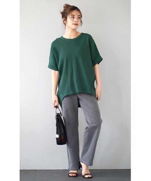 zootie(ズーティー)の「ワッフルカットソー ロールアップ ドルマンスリーブ プルオーバー(Tシャツ/カットソー・レディース・ブラック/オフホワイト/オレンジ/ダークグリーン/マスタード/ライトグレー/グレイッシュベージュ/ミント/チャコール/アイボリー/ワインレッド/ネイビー・フリー)」の22枚目の写真