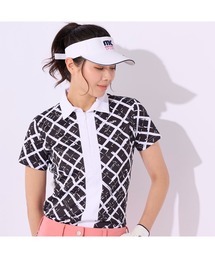 marie claire GOLF/マリクレール ゴルフ ゴルフウェア 総柄 チェック リサイクル素材 吸汗速乾 UVカット フルジップ 半袖 シャツ