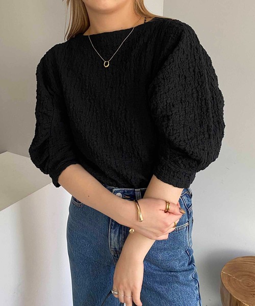 CAPRICIEUX LE'MAGE（カプリシューレマージュ）の「5分袖シャーリングパフプルオーバー（Tシャツ/カットソー・レディース・ブラック/ホワイト・FREE）」の12枚目の写真