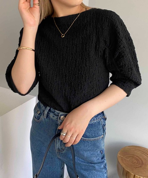 CAPRICIEUX LE'MAGE（カプリシューレマージュ）の「5分袖シャーリングパフプルオーバー（Tシャツ/カットソー・レディース・ブラック/ホワイト・FREE）」の13枚目の写真