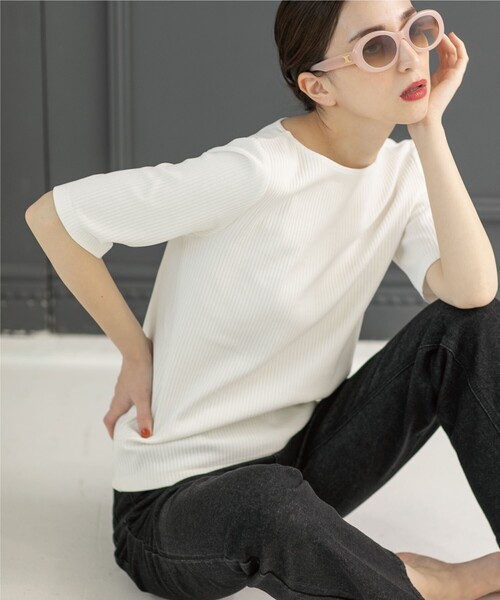 OPAQUE.CLIP（オペークドットクリップ）の「◆GIZAコットン リブカットソー【洗濯機洗い可】（Tシャツ/カットソー・レディース・ブラック/グリーン/オフホワイト/ライトベージュ・34/36/38/40/42）」の7枚目の写真