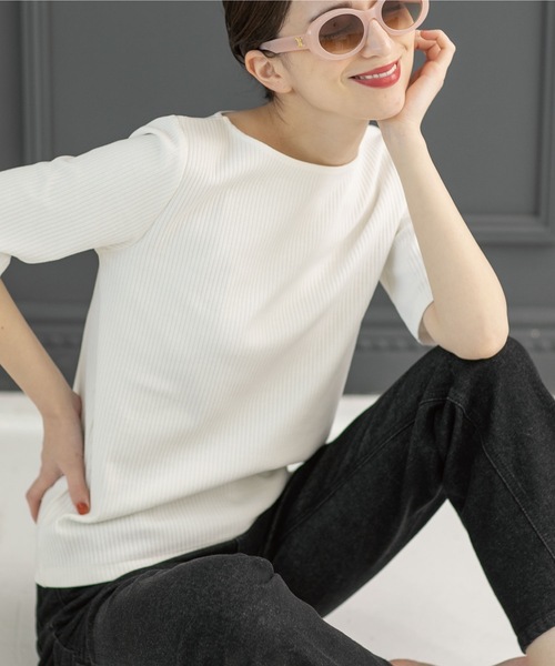 OPAQUE.CLIP（オペークドットクリップ）の「◆GIZAコットン リブカットソー【洗濯機洗い可】（Tシャツ/カットソー・レディース・ブラック/グリーン/オフホワイト/ライトベージュ・34/36/38/40/42）」の2枚目の写真