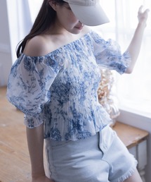 トワルドジュイ柄シャーリング半袖ブラウス