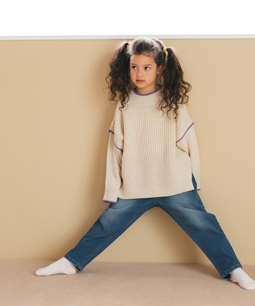 pairmanon（ペアマノン）の「【ママとおそろい】モックネック 袖切り替え ニット プルオーバー（ニット/セーター・キッズ・ブラウン/アイボリー/ベージュ・S/M/XS/L）」の5枚目の写真