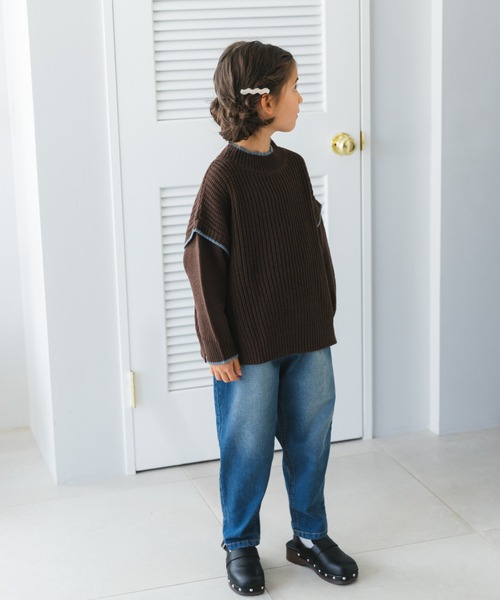 pairmanon（ペアマノン）の「【ママとおそろい】モックネック 袖切り替え ニット プルオーバー（ニット/セーター・キッズ・ブラウン/アイボリー/ベージュ・S/M/XS/L）」の7枚目の写真