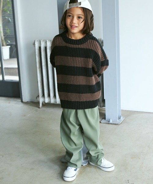 PAIRMANON STREET（ペアマノンストリート）の「【PAIRMANON STREET】太ボーダー ローゲージ オーバーサイズ ニット（ニット/セーター・キッズ・ブラック/グリーン/ネイビー・S/L/M）」の5枚目の写真