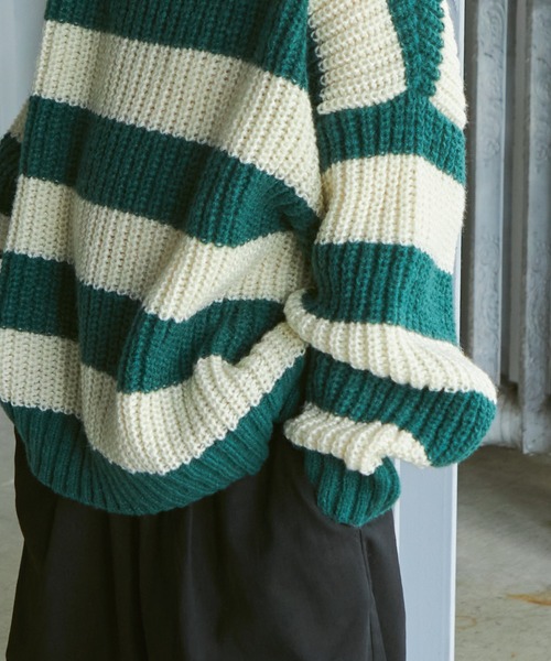 PAIRMANON STREET（ペアマノンストリート）の「【PAIRMANON STREET】太ボーダー ローゲージ オーバーサイズ ニット（ニット/セーター・キッズ・ブラック/グリーン/ネイビー・S/L/M）」の6枚目の写真