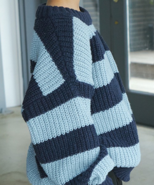 PAIRMANON STREET（ペアマノンストリート）の「【PAIRMANON STREET】太ボーダー ローゲージ オーバーサイズ ニット（ニット/セーター・キッズ・ブラック/グリーン/ネイビー・S/L/M）」の8枚目の写真