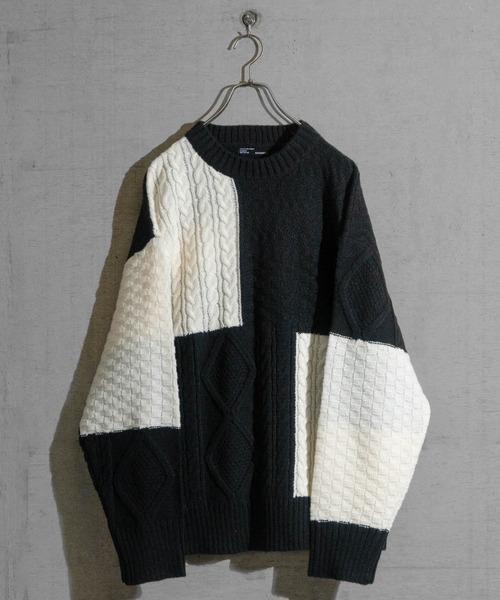 Naive magic（ナイーブマジック）の「【a】ケーブル編み オーバーサイズ パッチワークニット（ニット/セーター・メンズ・マルチ/アイボリー/ブラック・LARGE/MEDIUM）」の3枚目の写真