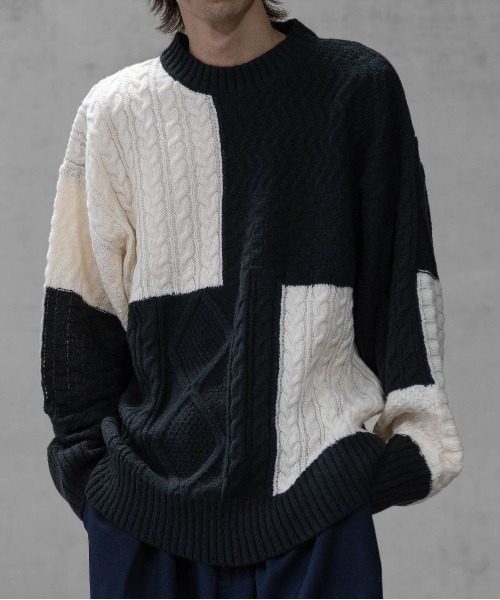 Naive magic（ナイーブマジック）の「【a】ケーブル編み オーバーサイズ パッチワークニット（ニット/セーター・メンズ・マルチ/アイボリー/ブラック・LARGE/MEDIUM）」の4枚目の写真