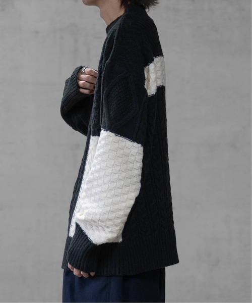 Naive magic（ナイーブマジック）の「【a】ケーブル編み オーバーサイズ パッチワークニット（ニット/セーター・メンズ・マルチ/アイボリー/ブラック・LARGE/MEDIUM）」の5枚目の写真
