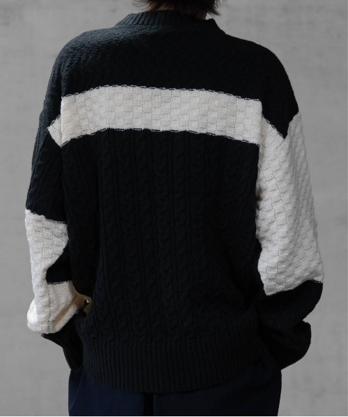 Naive magic（ナイーブマジック）の「【a】ケーブル編み オーバーサイズ パッチワークニット（ニット/セーター・メンズ・マルチ/アイボリー/ブラック・LARGE/MEDIUM）」の6枚目の写真