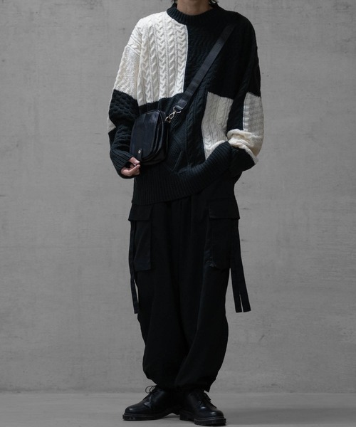 Naive magic（ナイーブマジック）の「【a】ケーブル編み オーバーサイズ パッチワークニット（ニット/セーター・メンズ・マルチ/アイボリー/ブラック・LARGE/MEDIUM）」の7枚目の写真