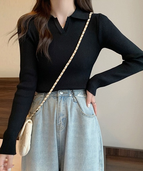 Silly（シリー）の「【韓国コーデに◎】Vネックカラーニット（ニット/セーター・レディース・ブラウン/ベージュ/ブラック・FREE）」の4枚目の写真