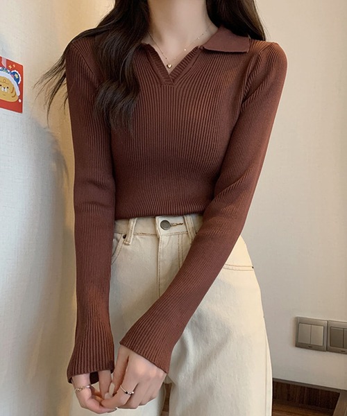 Silly（シリー）の「【韓国コーデに◎】Vネックカラーニット（ニット/セーター・レディース・ブラウン/ベージュ/ブラック・FREE）」の5枚目の写真
