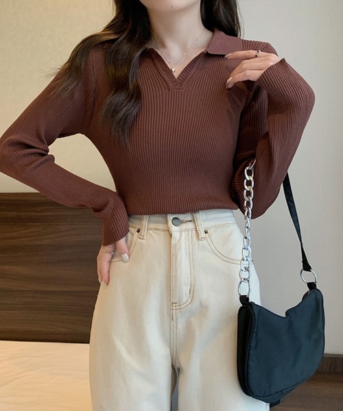 Silly（シリー）の「【韓国コーデに◎】Vネックカラーニット（ニット/セーター・レディース・ブラウン/ベージュ/ブラック・FREE）」の12枚目の写真