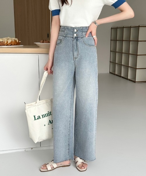 COCOMOMO（ココモモ）の「ハイウエスト ワイドデニムパンツ ダブルボタン（デニムパンツ・レディース・ブルー/ライトブルー/ブルー系・L/M/XL）」の2枚目の写真