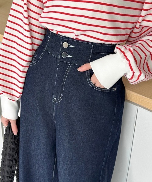 COCOMOMO（ココモモ）の「ハイウエスト ワイドデニムパンツ ダブルボタン（デニムパンツ・レディース・ブルー/ライトブルー/ブルー系・L/M/XL）」の15枚目の写真