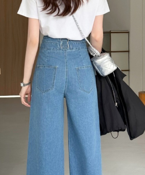 セール】ハイウエスト ワイドデニムパンツ ダブルボタン（デニムパンツ