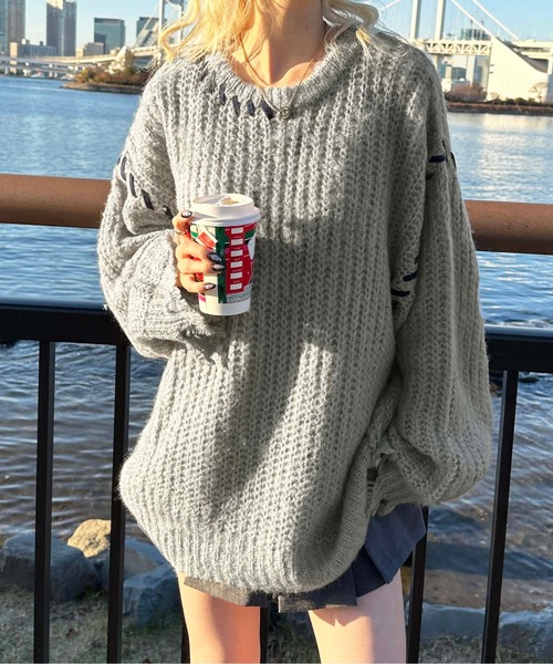 sedacle（セダクル）の「配色ハンドステッチダメージニット（ニット/セーター・メンズ・グレー/ネイビー/ブラック・MEDIUM/SMALL/LARGE）」の12枚目の写真