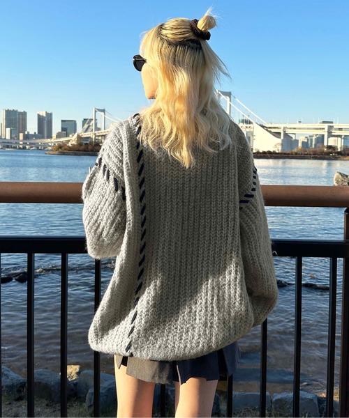 sedacle（セダクル）の「配色ハンドステッチダメージニット（ニット/セーター・メンズ・グレー/ネイビー/ブラック・MEDIUM/SMALL/LARGE）」の13枚目の写真