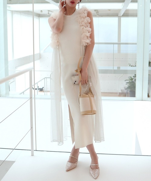 ROYAL PARTY（ロイヤルパーティー）の「チュールビスチェレイヤードタイトワンピース（ワンピース・レディース・ブラック/ピンクベージュ/オフホワイト・FREE）」の14枚目の写真