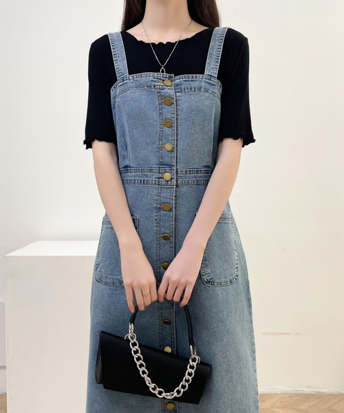 デニムリメイク★なんと！丈フリー変型サロペット セール】クロップド丈デニムサロペット（サロペット