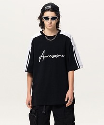 オーバーサイズ カラーブロックロゴプリントサイドラインTシャツ