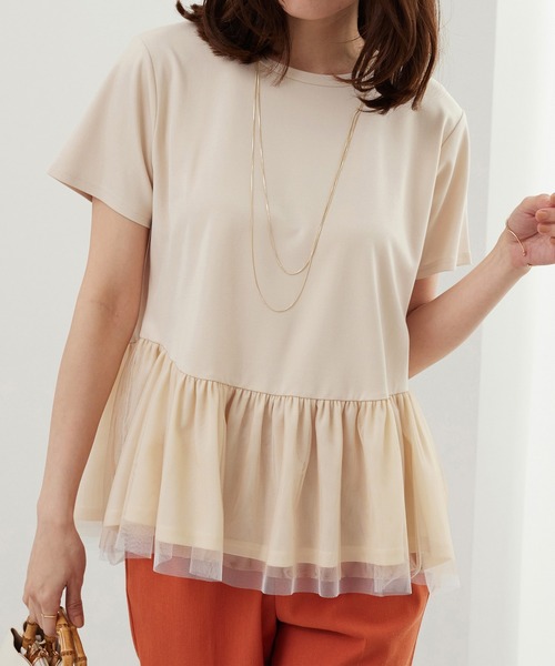 BELLUNA PLUS（ベルーナ）の「チュール素材切替デザインチュニック（Tシャツ/カットソー・レディース・ブラック系/アイボリー系・X-LARGE/LARGE/MEDIUM）」の3枚目の写真