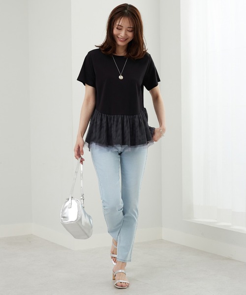 BELLUNA PLUS（ベルーナ）の「チュール素材切替デザインチュニック（Tシャツ/カットソー・レディース・ブラック系/アイボリー系・X-LARGE/LARGE/MEDIUM）」の9枚目の写真